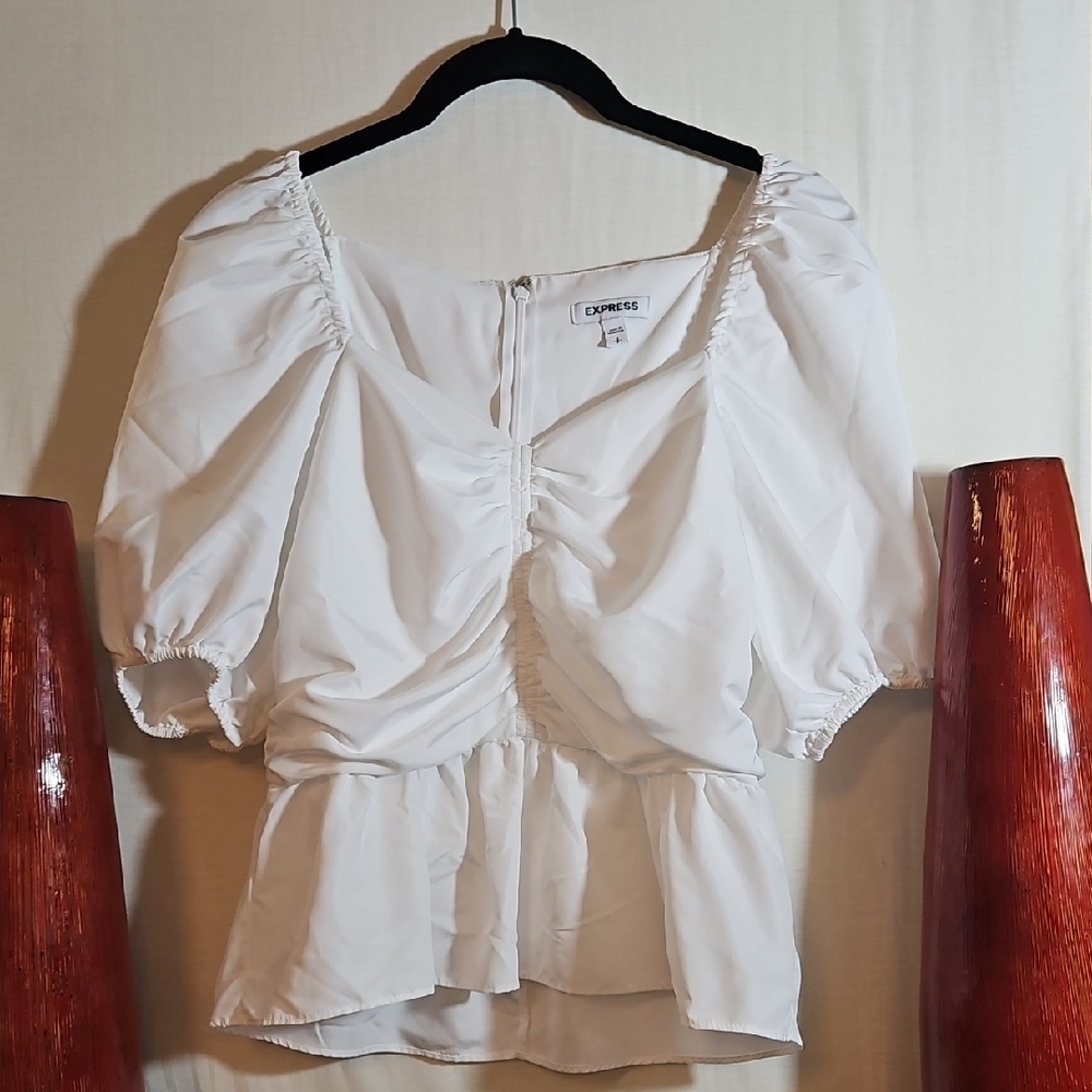 Express White Ruched Peplum Blouse